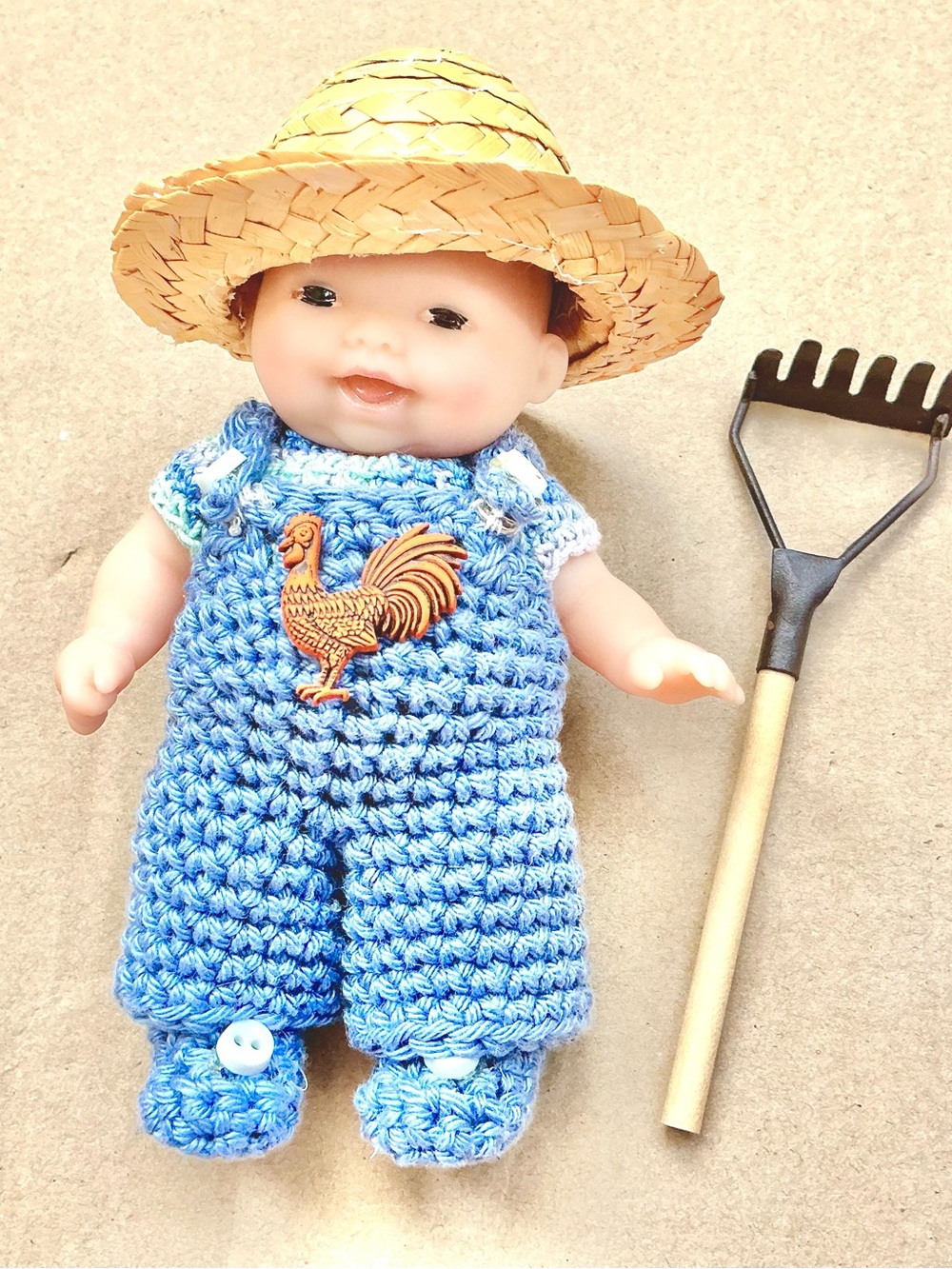 Berenguer Baby Doll 5” Wearing Handmade Crochet Farmer Outfit OOAK